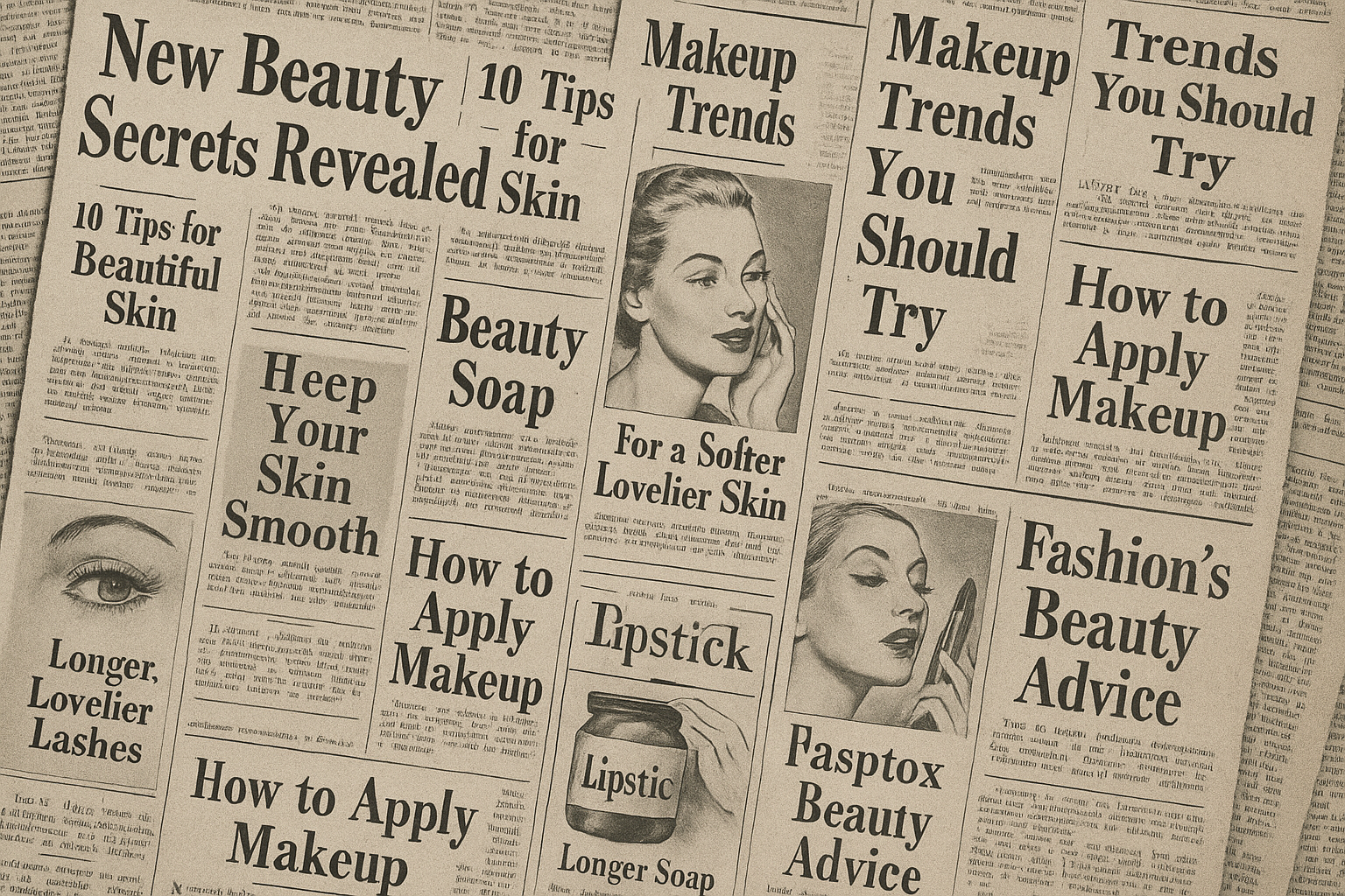 collage of black and white newspaper clippings related to beauty